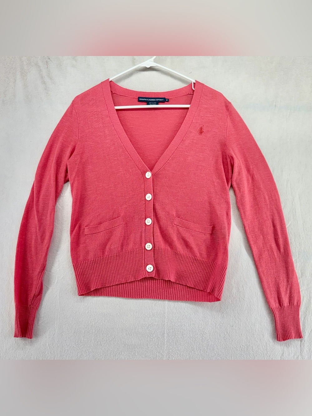 Vintage Ralph Lauren Sport Women Coral Knit Button Cardigan Sweater Size Medium
